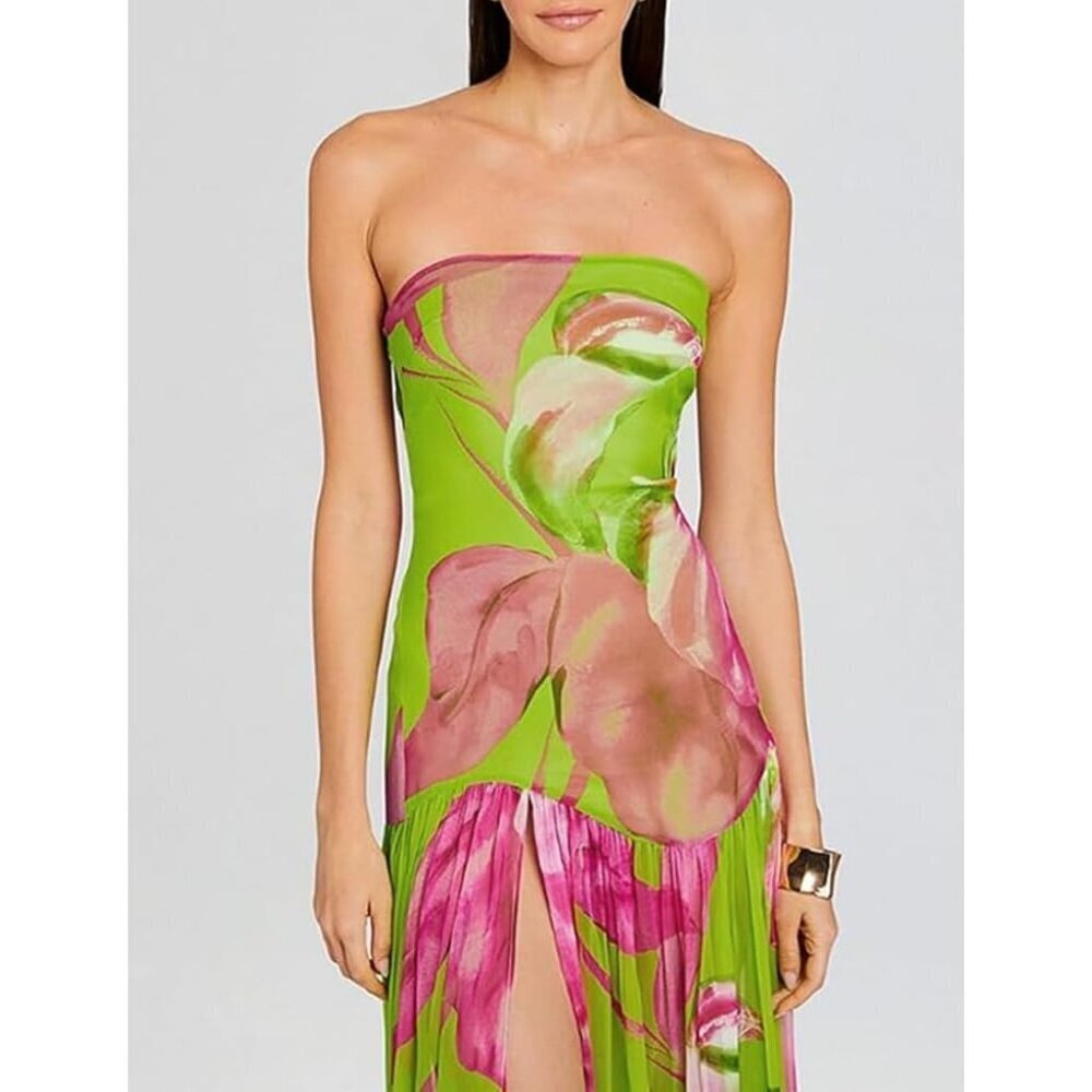 🆕Women's Strapless Tube Top Tiger Stripe Green Maxi Dress Sexy High Party Dress - Picture 2 of 4